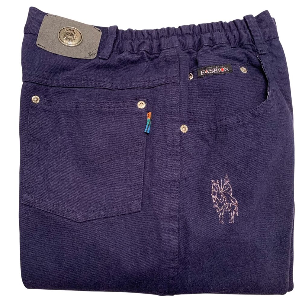 Slim Fit High Rise Girls Blue Jeans Elastic Waistband Sparkly Horse Emblem